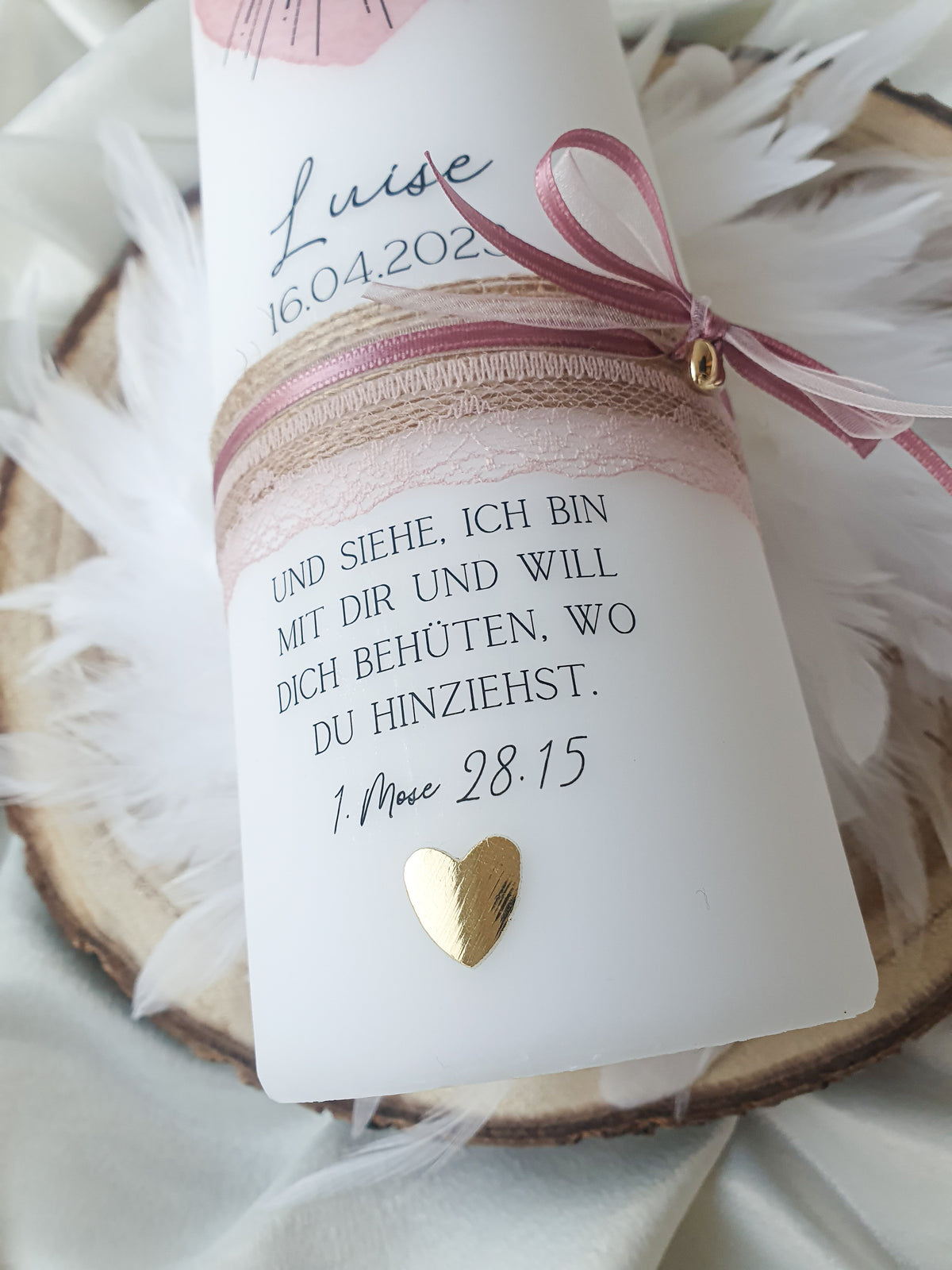 Kommunionkerze rosa Weites Herz offene Augen