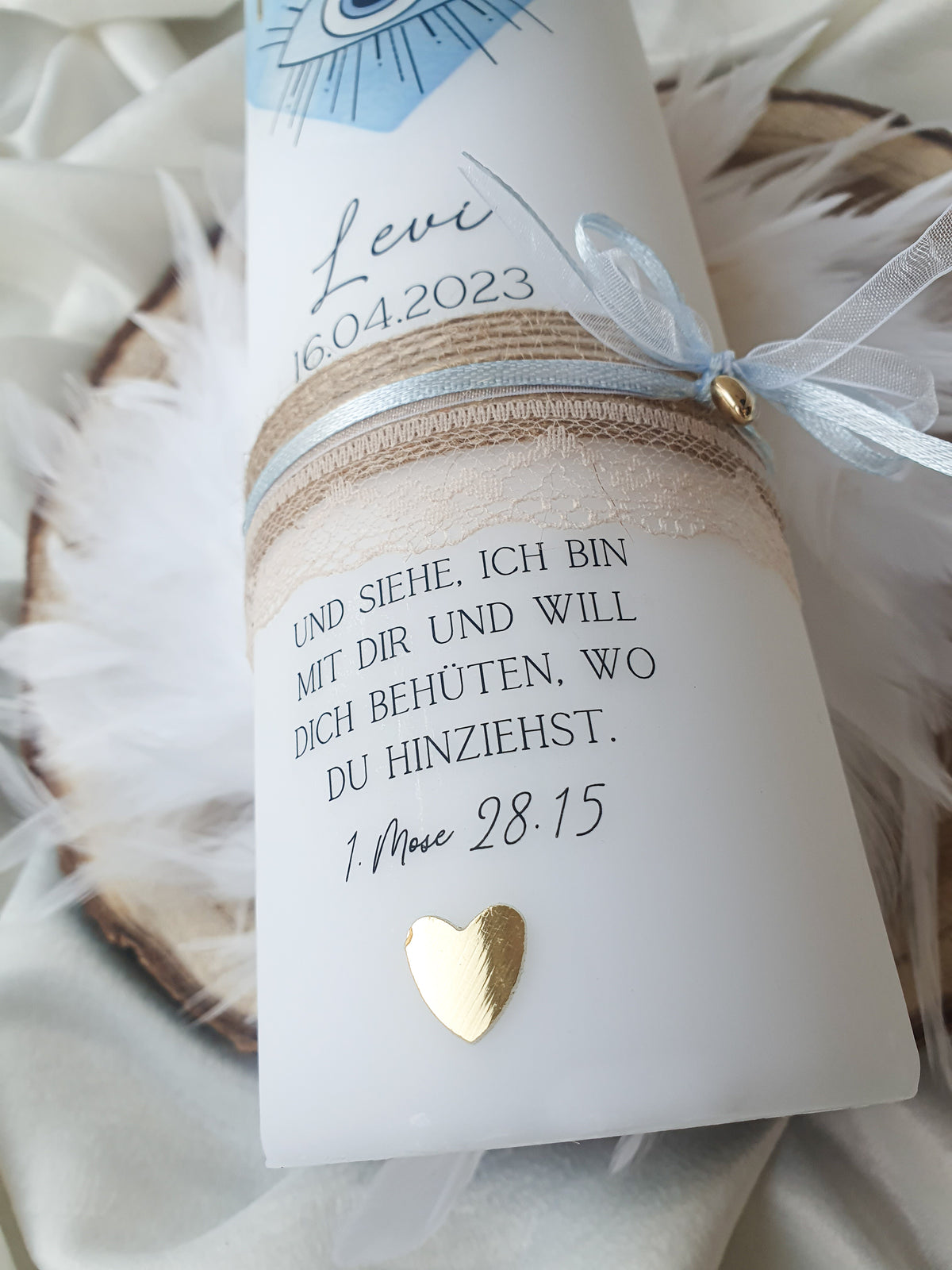 Kommunionkerze Blau weites Herz offene Augen